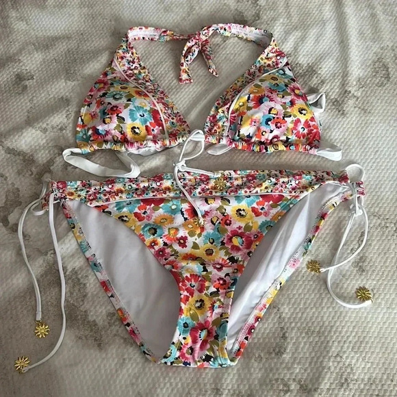 Bleu Rod Beattie Flower Hour Triangle Halter Bikini Top and Bikini Bottom Sz 10 - Picture 6 of 9